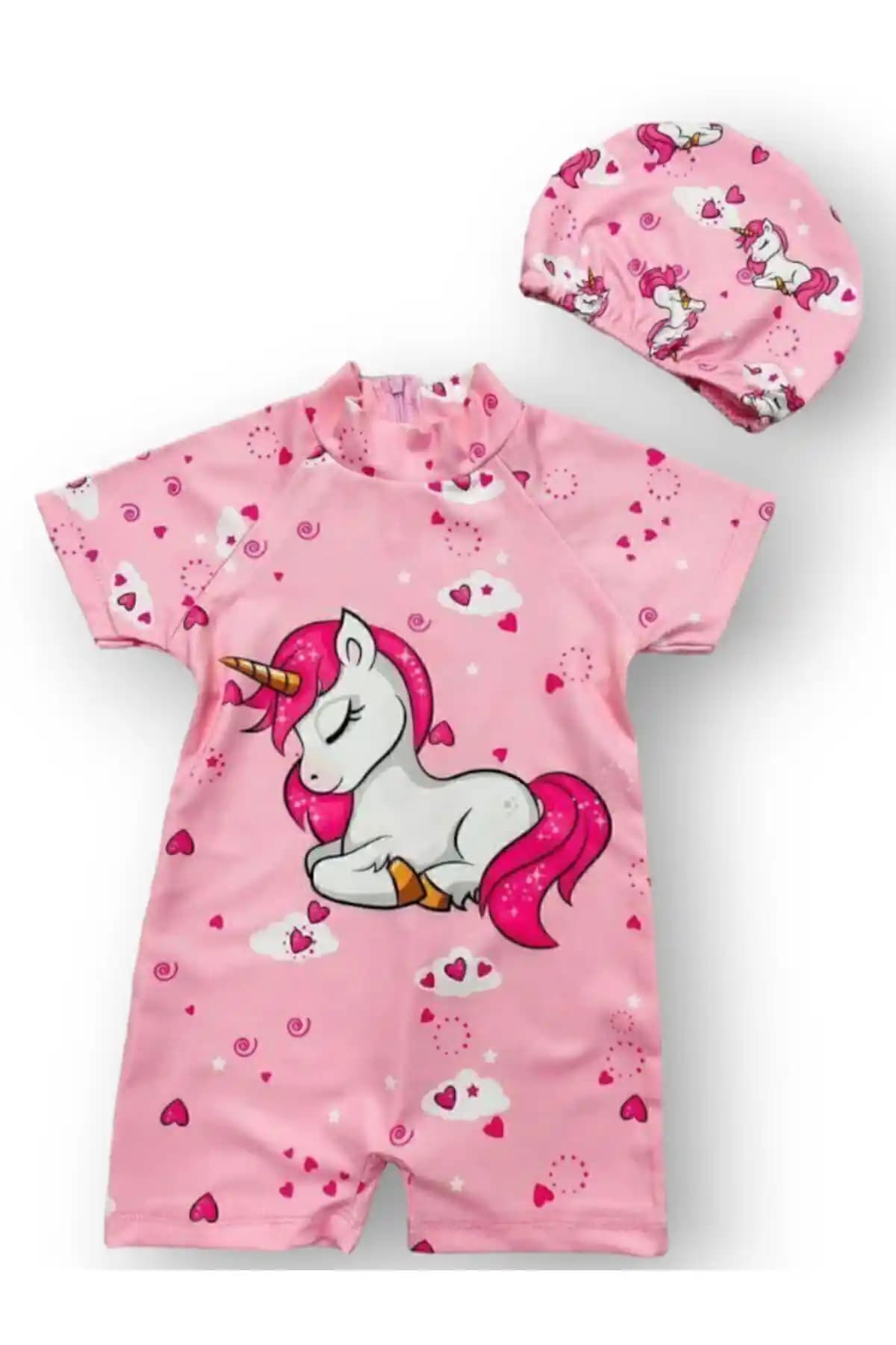 Pijamayo Kısa Kollu Tam Vücut Mayo ve Bone Takımı Çocuklar İçin Güvenli ve Şık Plaj Kıyafeti