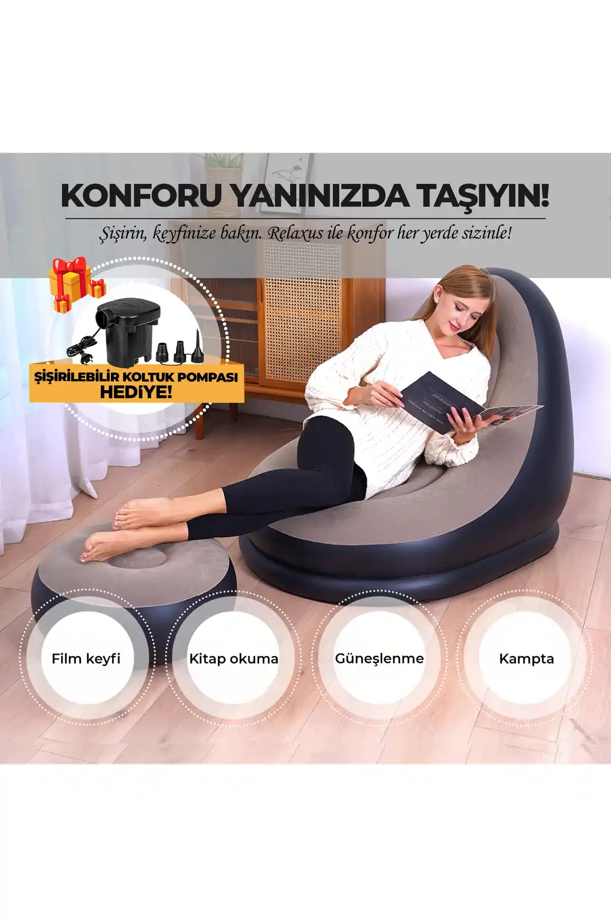 Relaxus Şişme Koltuk ve Ayak Uzatma Pufu: Taşınabilir Konfor ve Ergonomik Tasarım