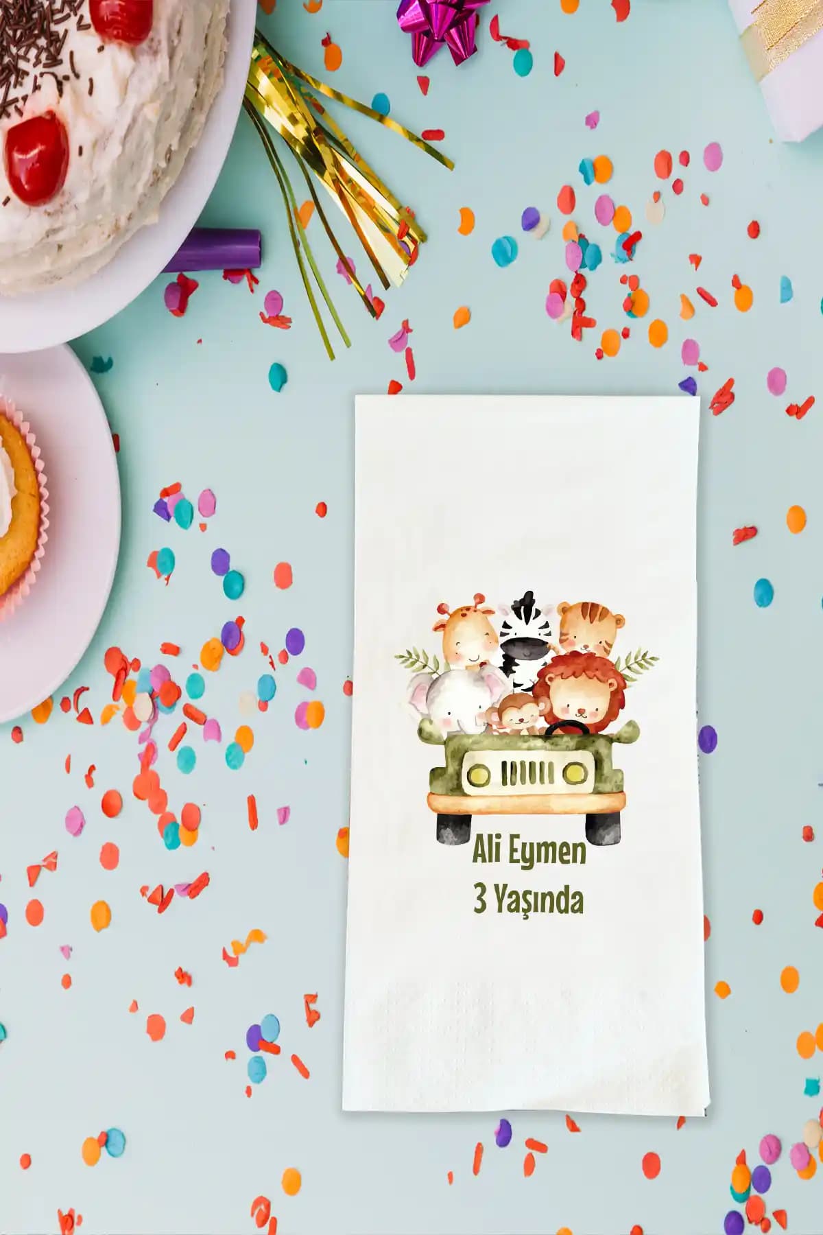 Safari Temalı Doğum Günü Peçetesi Organik Malzemeden Çevre Dostu ve Kişiselleştirilebilir