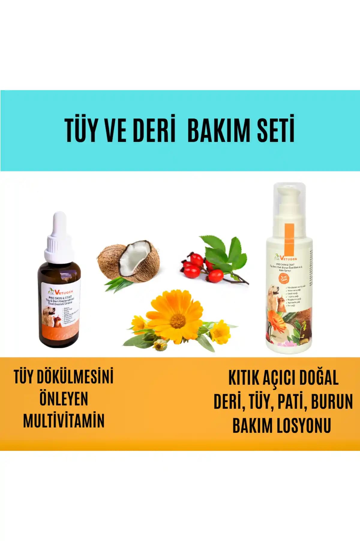 VETUGEN Kedi ve Köpek Tüy ve Deri Bakım Seti: Doğal ve Etkili Güzellik ve Sağlık Çözümü