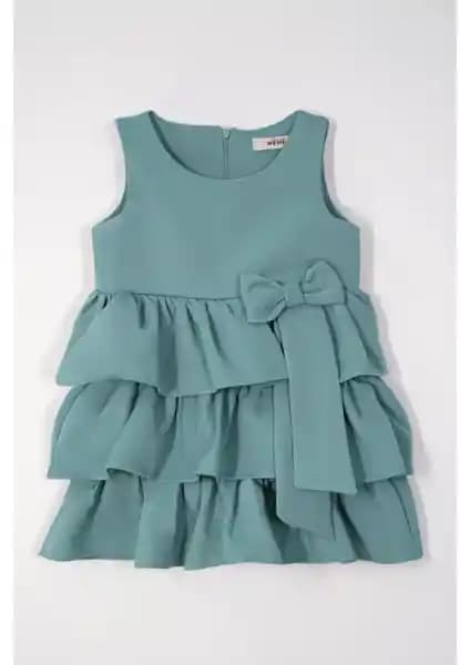 Zepkids Çağla Yeşili Kız Çocuk Bisiklet Yaka Fırfırlı Etekli Elbise 75-90 Karakter