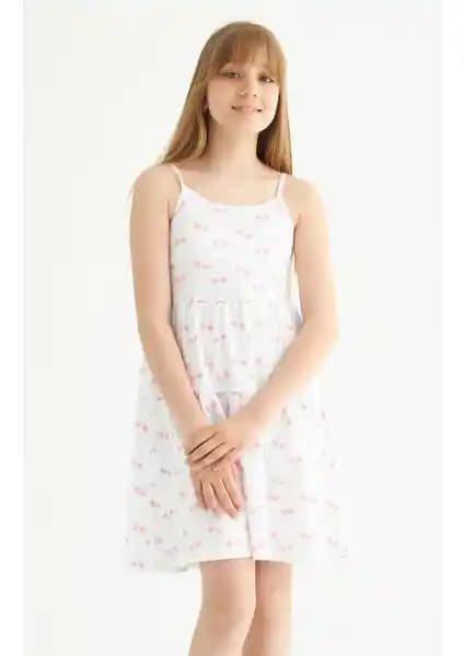 Zepkids Kiraz Desenli Beyaz Kız Çocuk Elbisesi Yazlık ve Rahat Tasarım