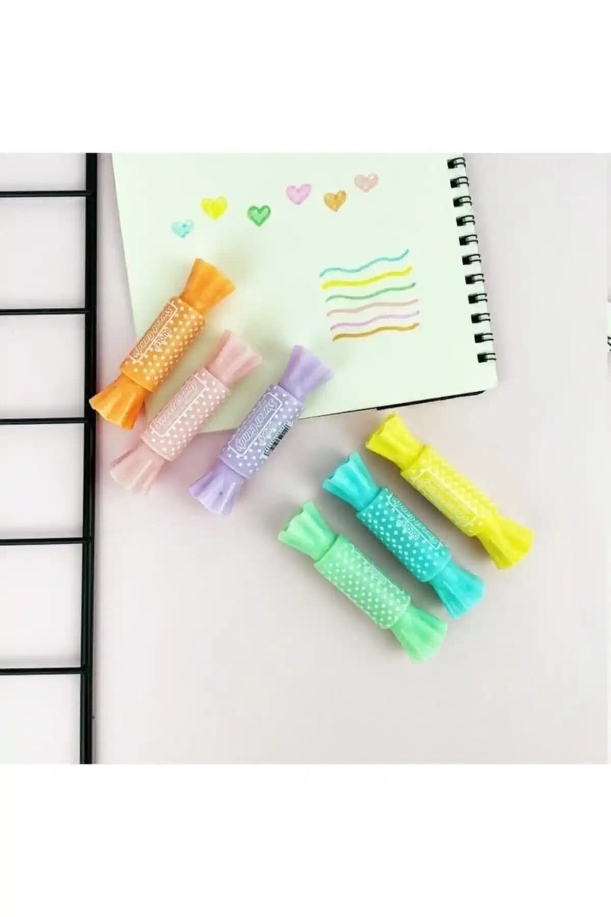 Yeşil Kırtasiye Şeker Şekilli Fosforlu Kalem Seti 6'lı Çift Uçlu Renkli Kalemler