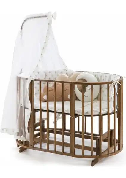 Bamgidoo Ahşap Ceviz Renk Play Stokke 7 in 1 Sepet Beşik Güvenli ve Çok Fonksiyonlu Bebek Uyku Alanı