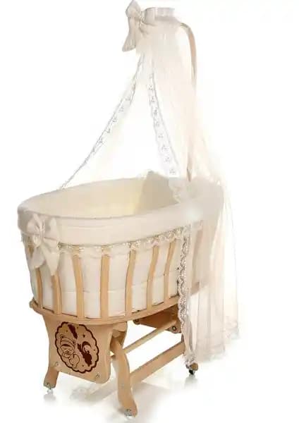Bebekonfor Doğal Ahşap Anne Yanı Sepet Uyku Setli Beşik Krem