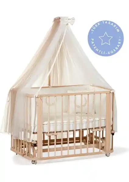 Ege Baby Doğal Ahşap 4'ü 1 Arada Beşik ve Junior Gelişmiş Çok Fonksiyonlu Çocuk Yatağı