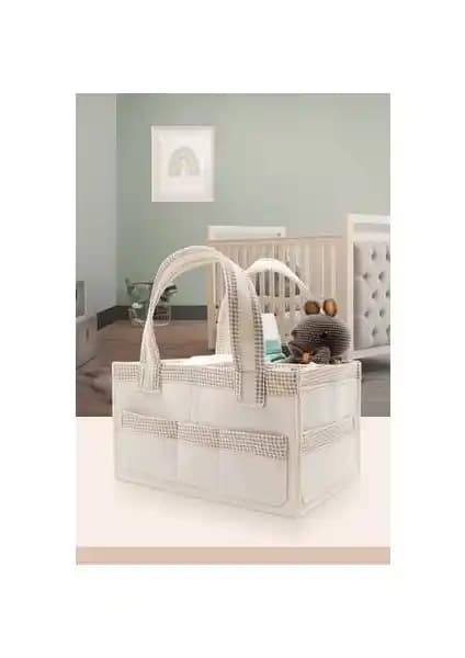 Jasper Kare Şeritli Bej Keçe Anne Bebek Bakım Çantası Organizer Günlük Kullanım İçin Ideal