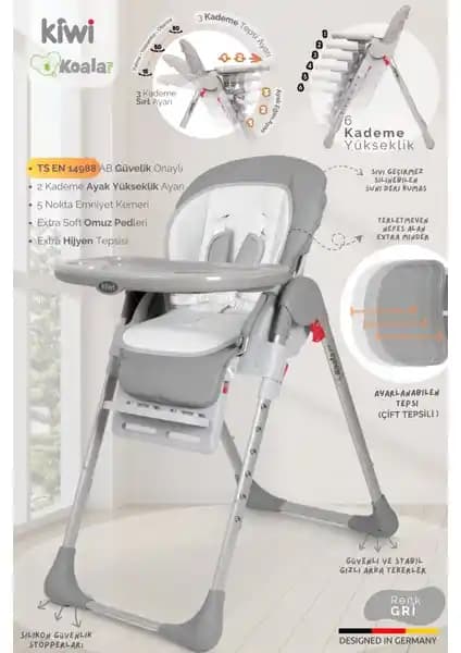Kiwi Koala Katlanır Tekerlekli Mama Sandalyesi Güvenli ve Çok Fonksiyonlu Tasarım