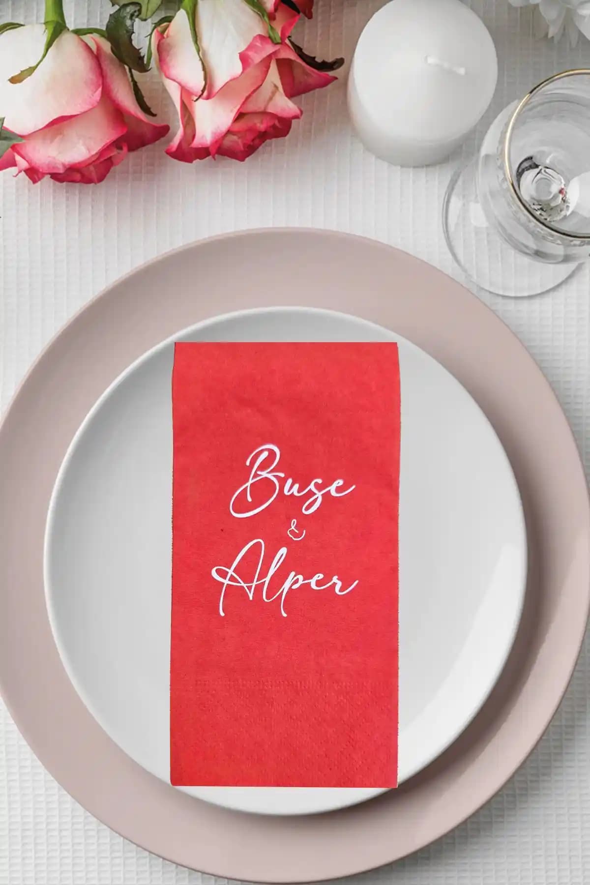 Atölye Mi İsim Baskılı Kırmızı Peçete Düğün ve Nişan Organizasyonları İçin Özel Tasarım