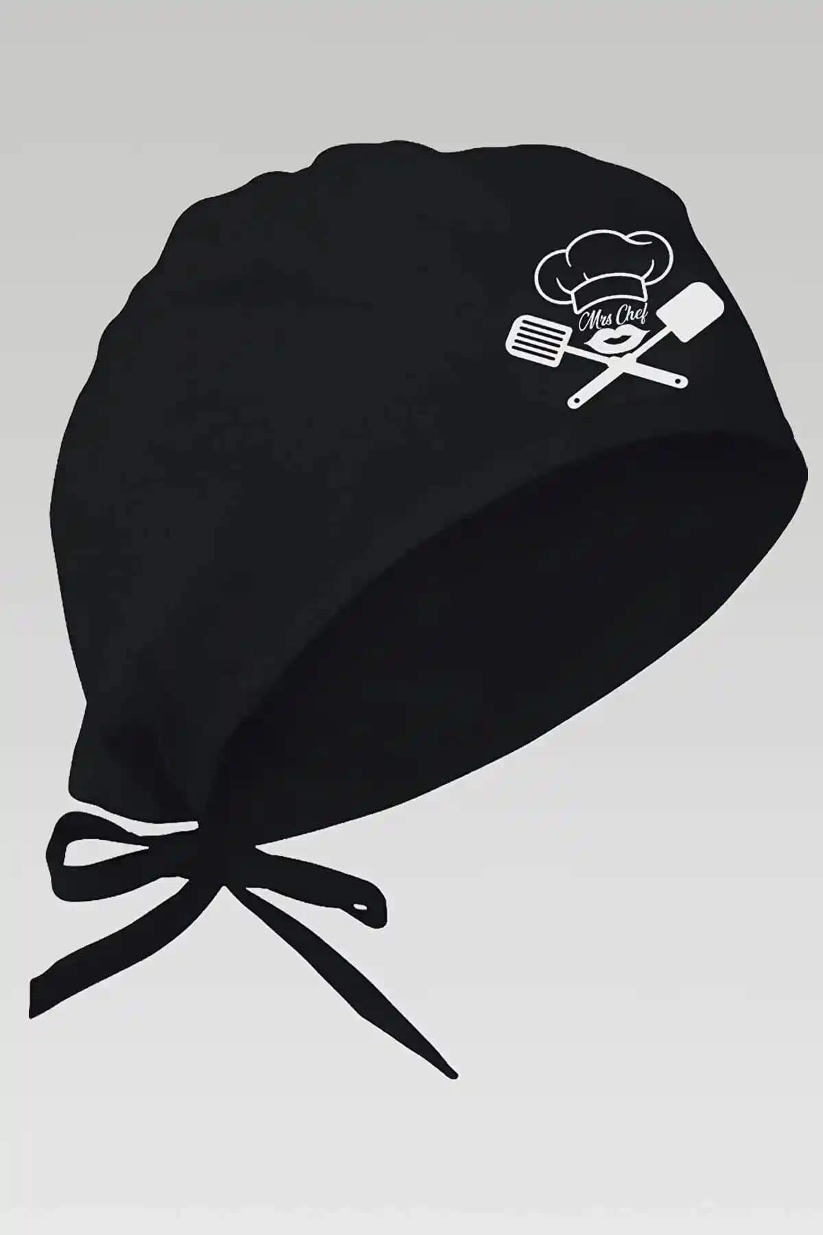 Enmalife Mrs Chef Baskılı Siyah Aşçı Bonesi Profesyonel Mutfaklar İçin Şık ve Dayanıklı Tasarım