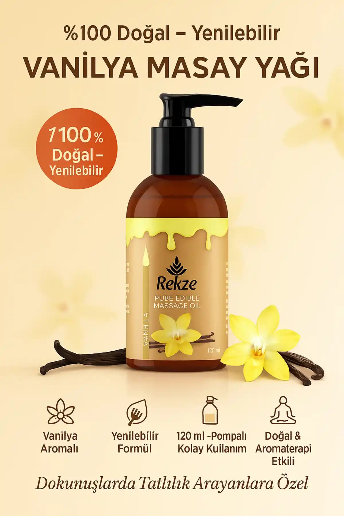 Rekze Vanilyalı Aromaterapi Masaj Yağı Doğal ve Yenilebilir Rahatlatıcı 120 ml