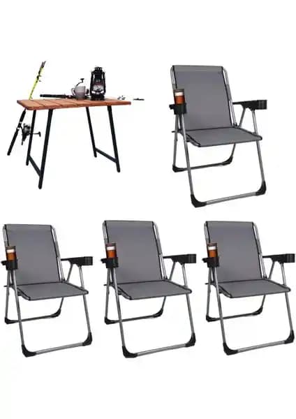 Alin Metal 4'lü Taşıma Kapasiteli Lüks Kamp Sandalyesi ve Ahşap Masa Seti