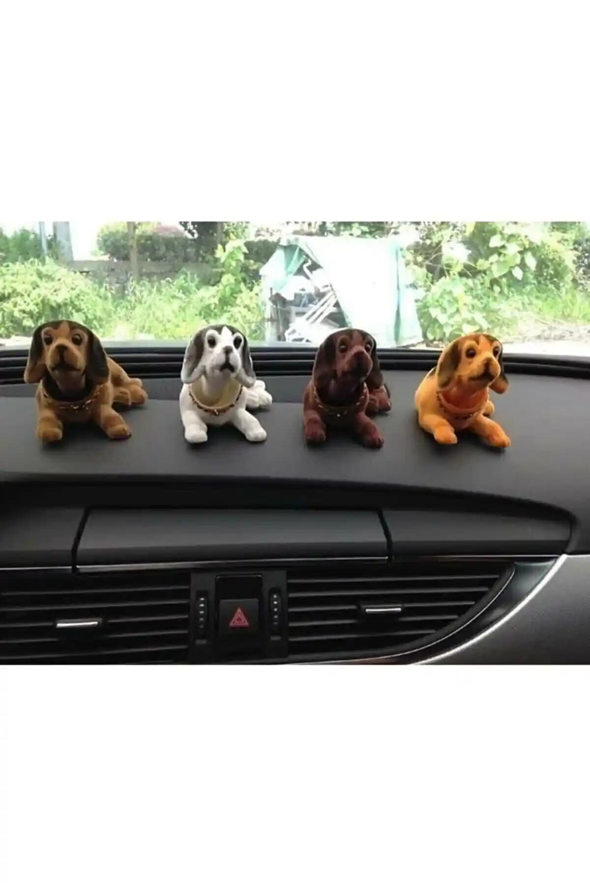 Araba içi hareketli köpek figürlü üçlü dekor seti, kadife kaplama ve renk çeşitleri