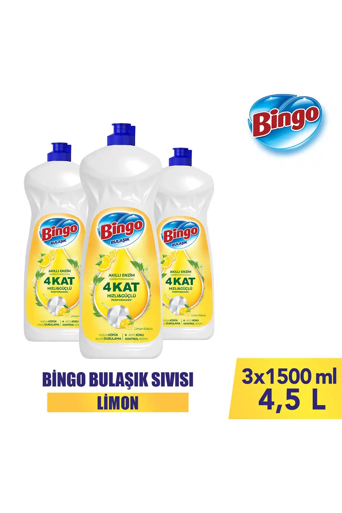 Bingo Sıvı Elde Bulaşık Deterjanı: Limonlu Ferahlık ve Yağ Çözme (1,5 L x 3 Adet)