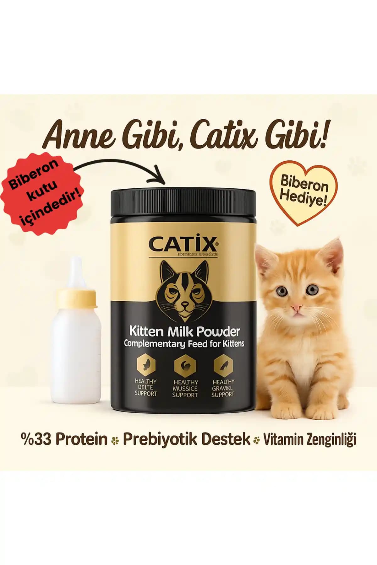CATİX Anne Sütü Destekli Yavru Kedi Süt Tozu Biberon Hediyeli Set Pratik, 200 g