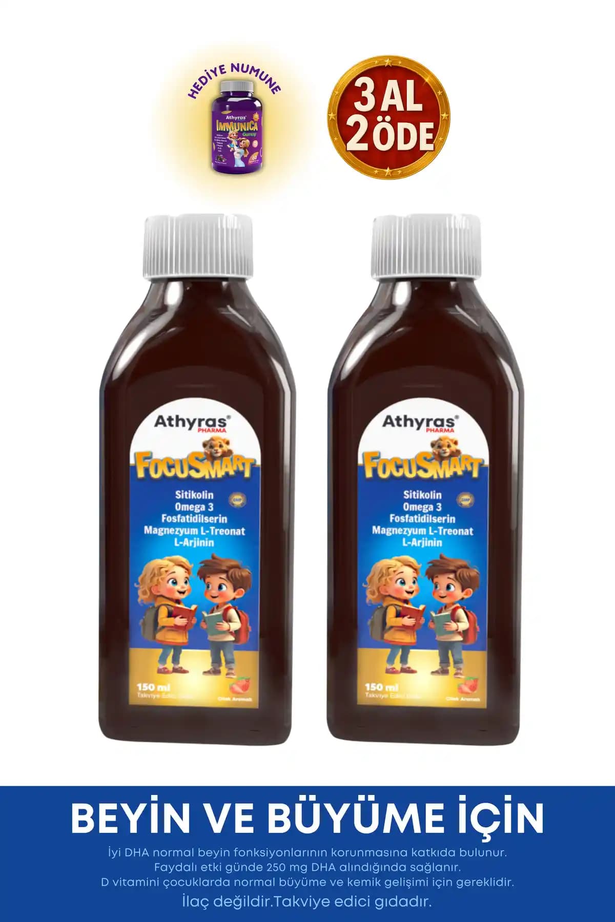 Çocuklar İçin Omega-3 ve Bilişsel Destek İçeren Çilek Aromalı Sıvı Şurup (2 Kutulu)