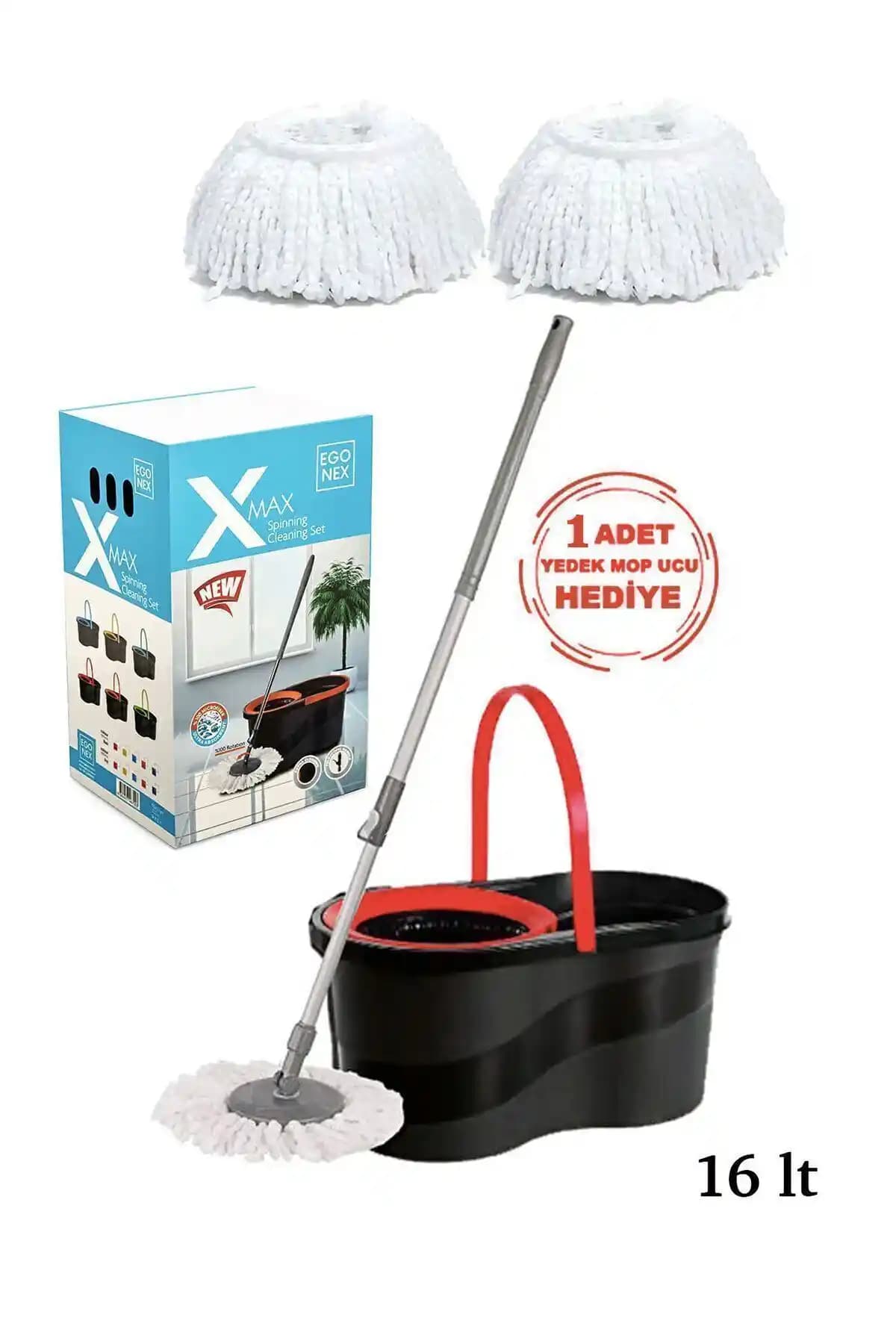 Egonex Nero Mop Döner Başlıklı 16 Lt Kova ve Yedek Bezli Temizlik Seti