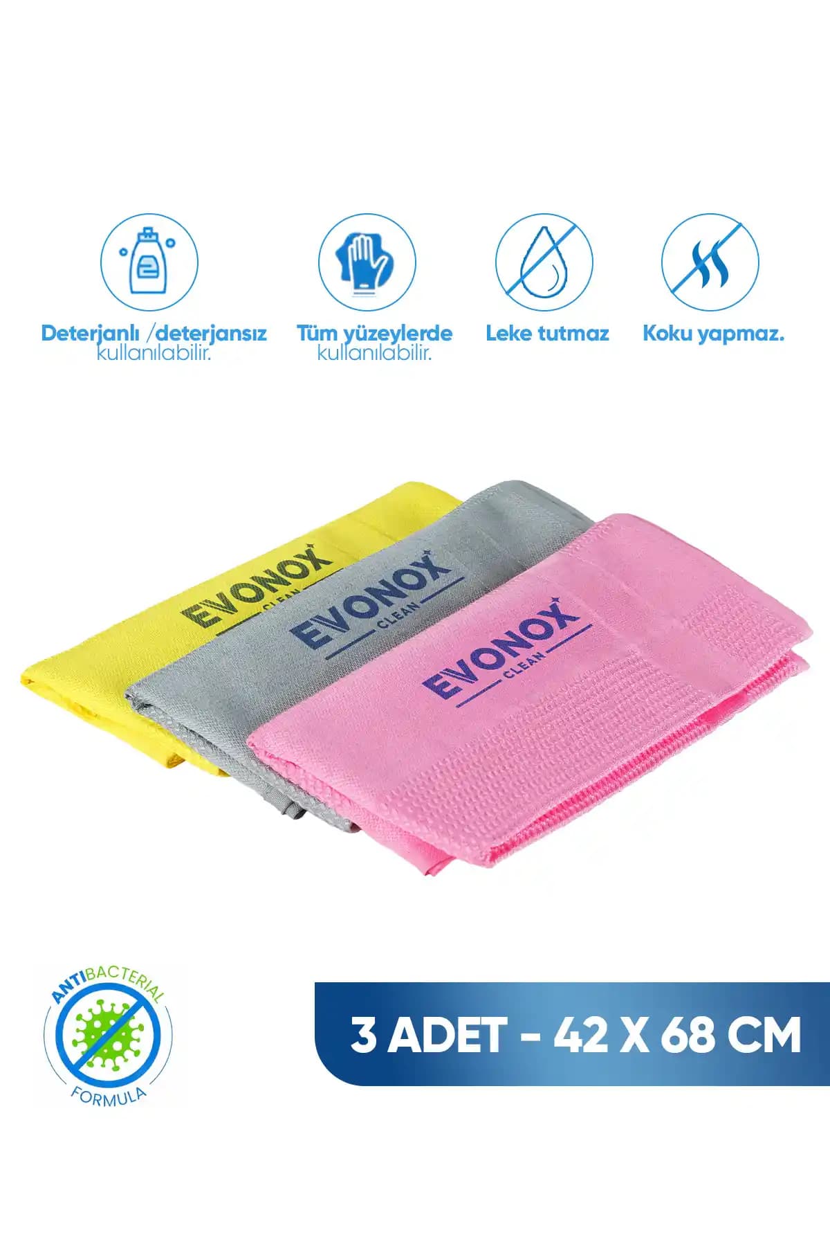 Evonox Clean Mikrofiber Çok Amaçlı Temizlik Bezi 42x68 cm 3'lü Set, Büyük Yüzeyler