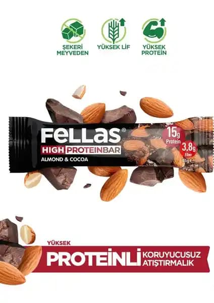 Fellas Bademli ve Kakaolu Yüksek Protein Bar 45 g x 12 Adet – Gluten İçermeyen