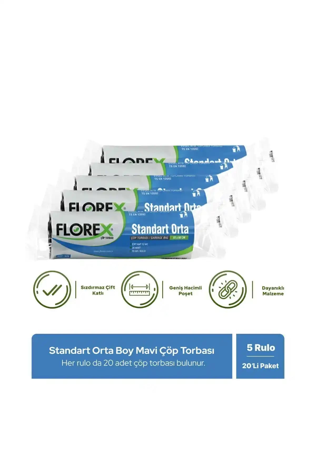 Florex Standart Orta Boy Mavi Çöp Poşeti – 5 Rulo Set, Her Rulo 10 Poşet Günlük Kullanım