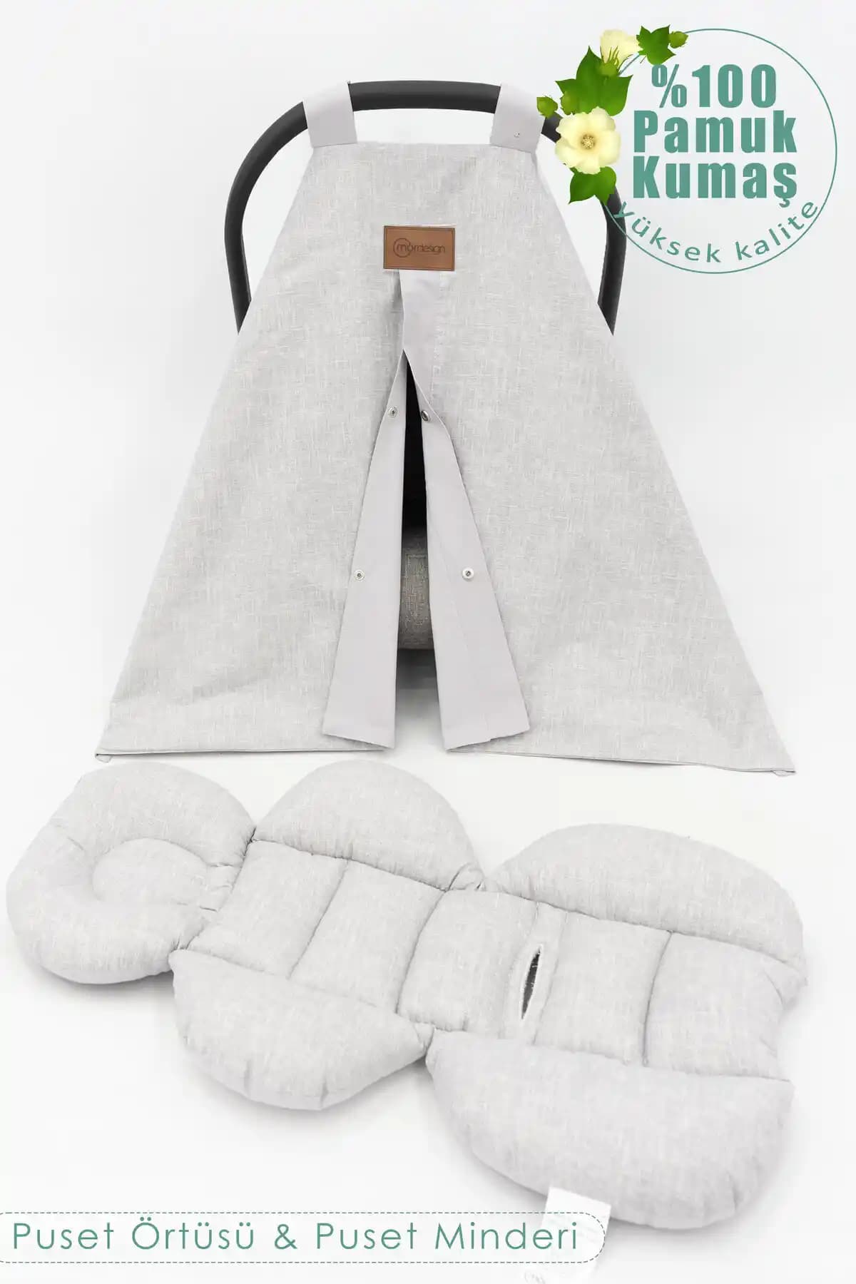 Gri Plain Serisi Bebek Puset 2'li Örtü ve Minder Seti – Pamuklu Ranforce, OEKO-TEX