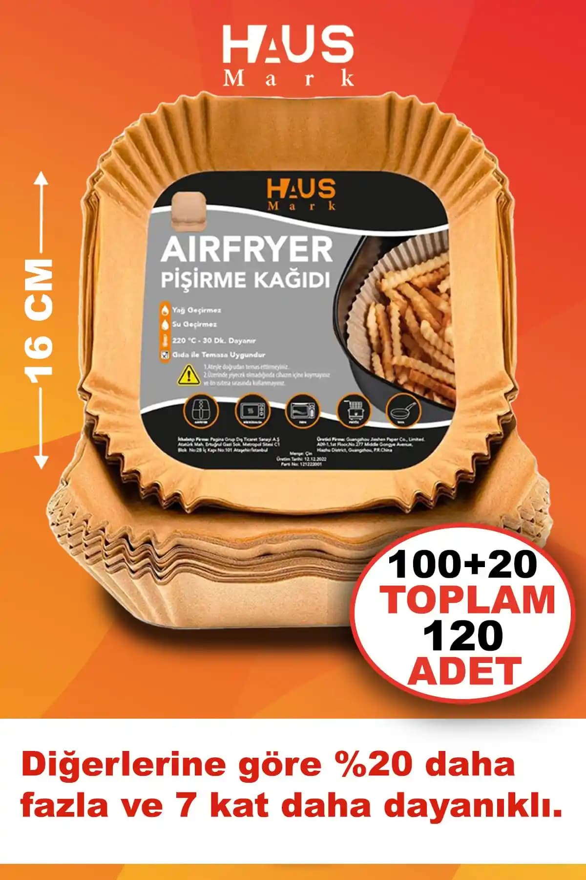 HAUSMARK Airfryer Pişirme Kağıdı Seti: 16 cm Kare, 120 Adet, Silikon Kaplama