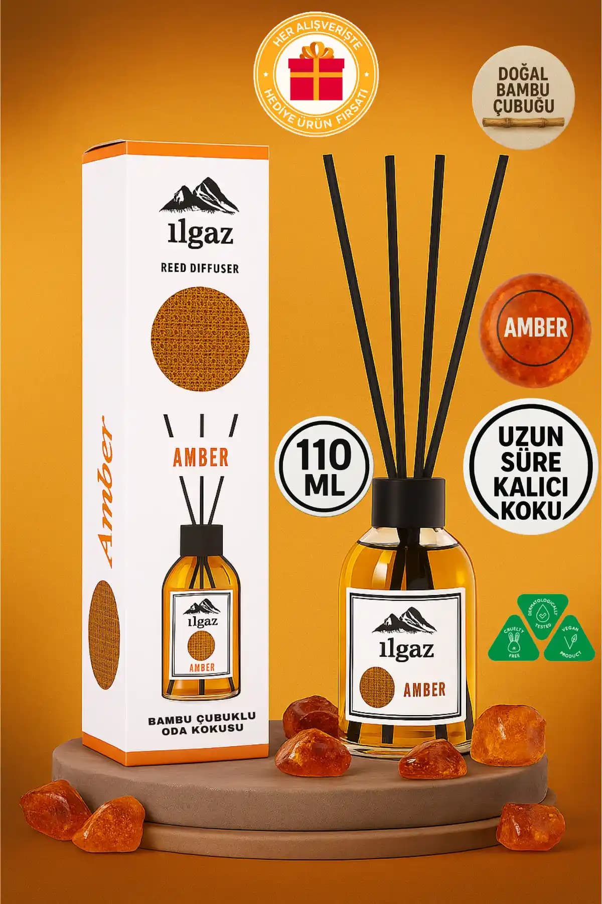 ILGAZ Amber Bambu Çubuklu Oda Kokusu 110 ml: Tasarımda Kehribar Aromasıyla Sıcak Ambiyans