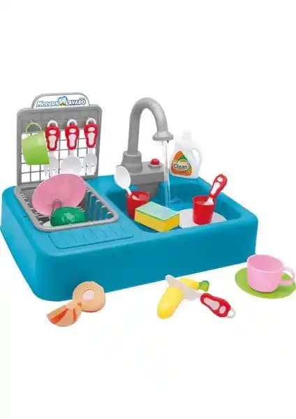 Kayyum Oyuncak Modern Çeşmeli Lavabo Seti: 25 Parçadan Oluşan Su ile Çalışan Mutfak Oyunu