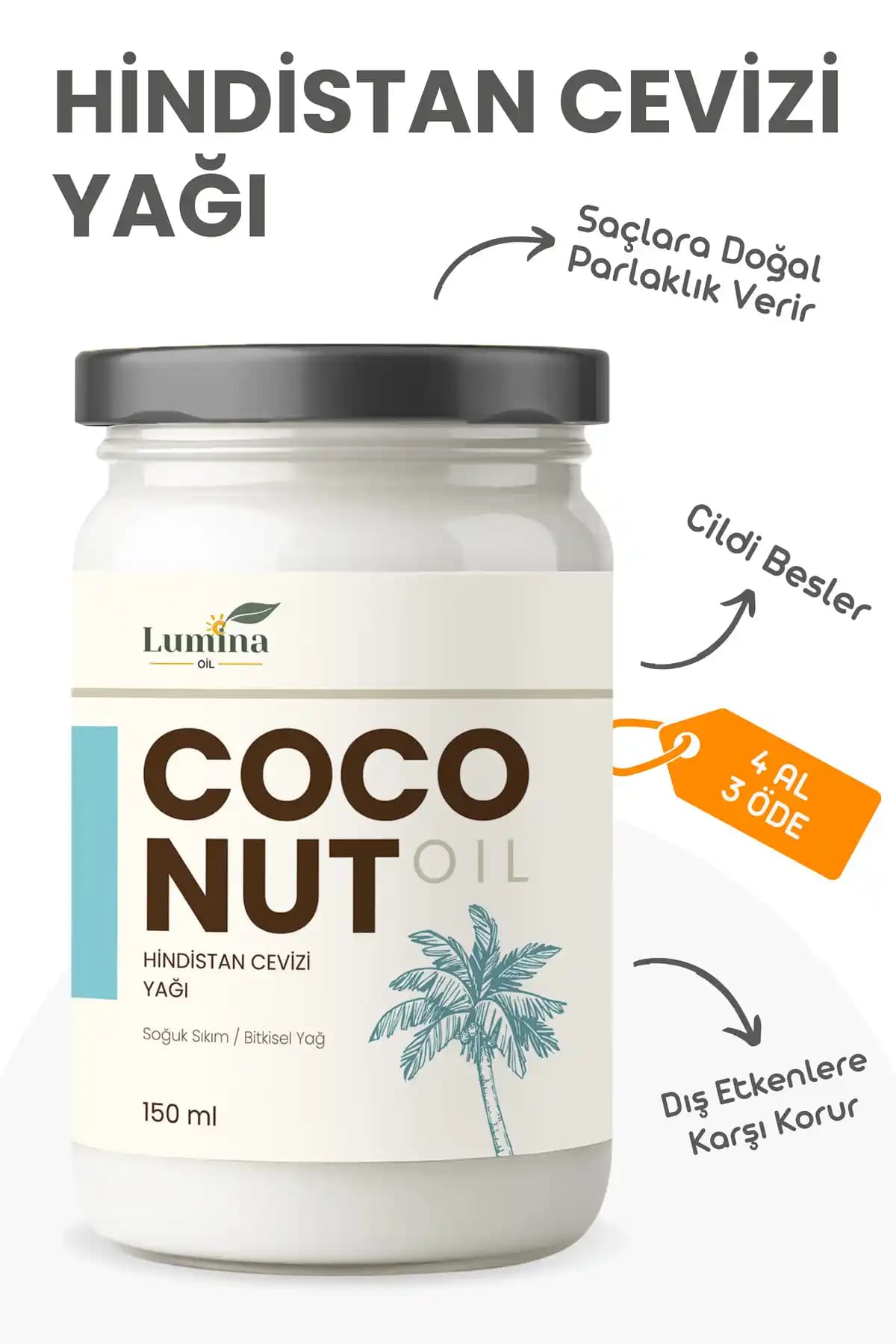 LUMİNOOİL Hindistan Cevizi Yağı (150 ml) – Soğuk Sıkım ile Doğal Cilt ve Saç Bakımı