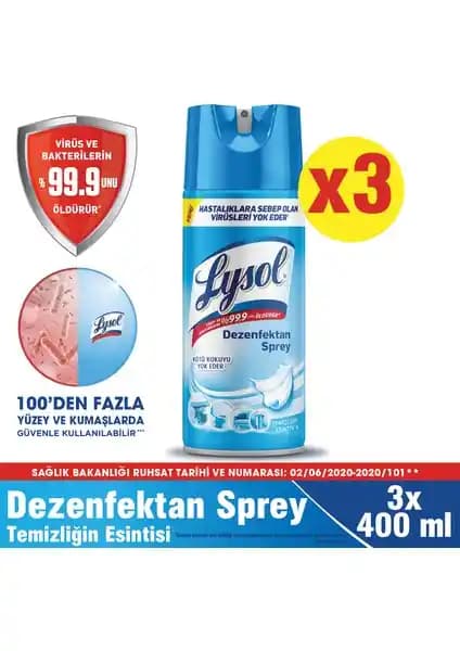 Lysol Dezenfektan Sprey Temizliğin Esintisi: 3x400 ml ile Yüzey Dezenfeksiyonu ve Ferah Koku