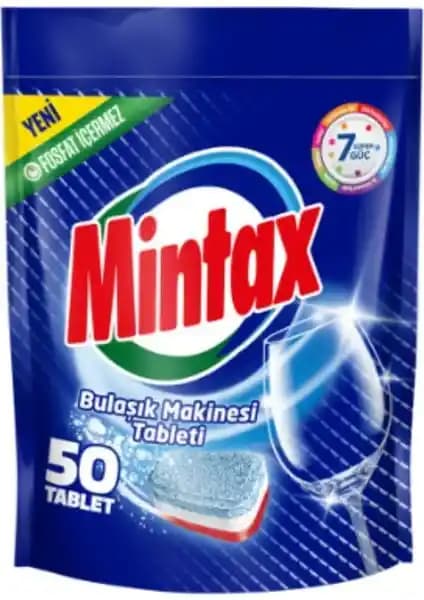 Mintax Fosfatsız Bulaşık Makinesi Tableti: 50 Tabletlik Paketle Parlak Temizlik Sağlar