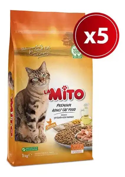 Mito Adult Tavuklu Kedi Maması – Yetişkin Kediler için 5 x 1 kg Paket, Dengeli Beslenme