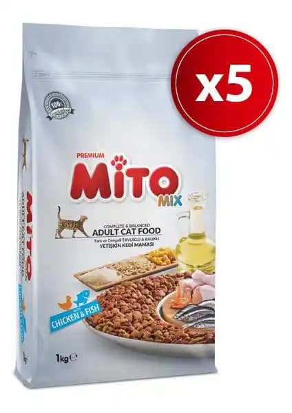 Mito Mix Yetişkin Kedi Maması Tavuklu Balıklı Renkli Taneli, 1 kg, 5'li Set