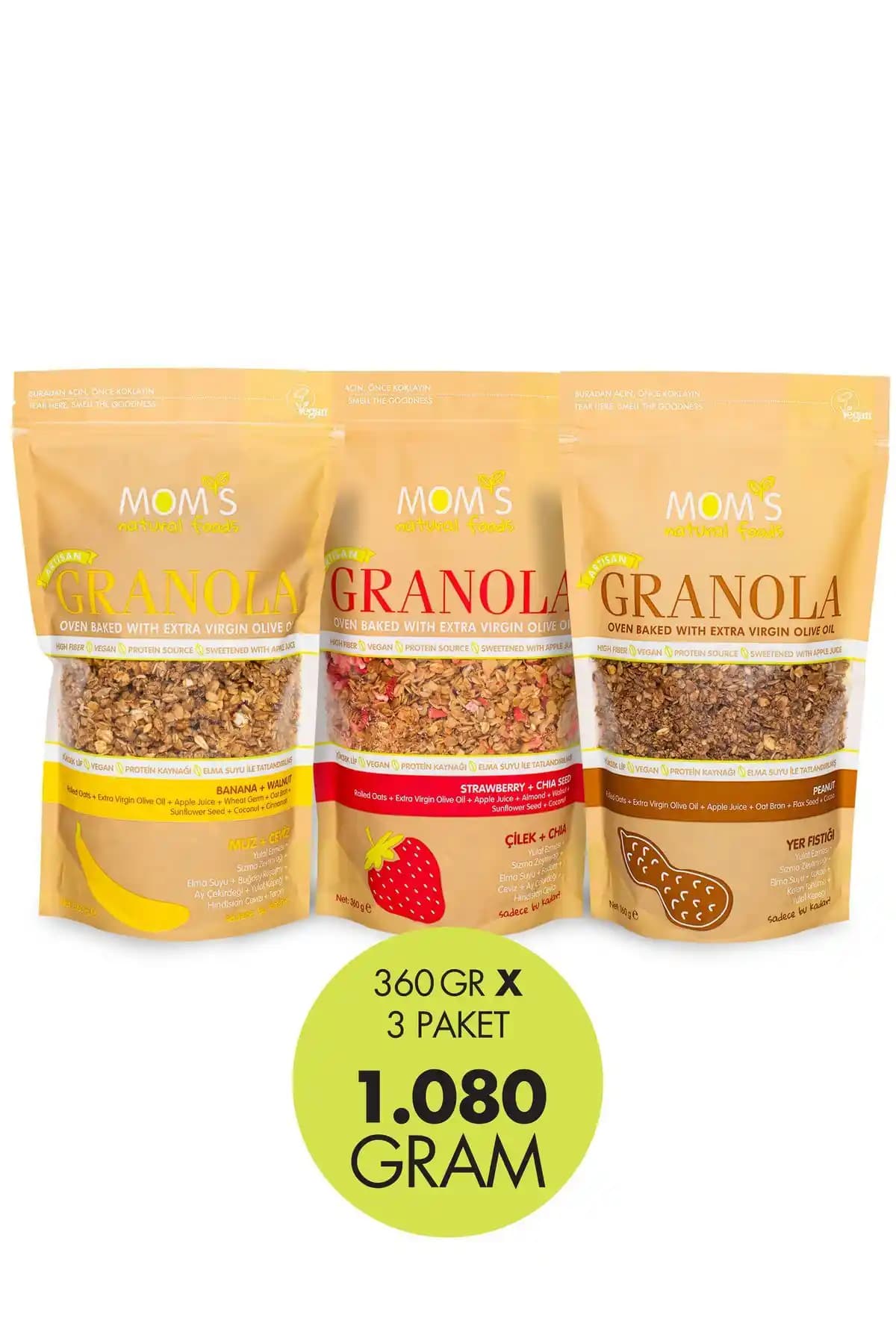 Mom's Natural Foods 3'lü Granola Seti: Doğal, Şekersiz ve Lezzetli Sağlıklı Atıştırmalıklar