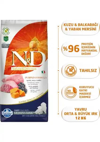 N&D Balkabaklı Kuzu Etli Tahılsız Yavru Köpek Maması 12 Kg – Tahılsız Formül ve Omega-3 Destekli Beslenme