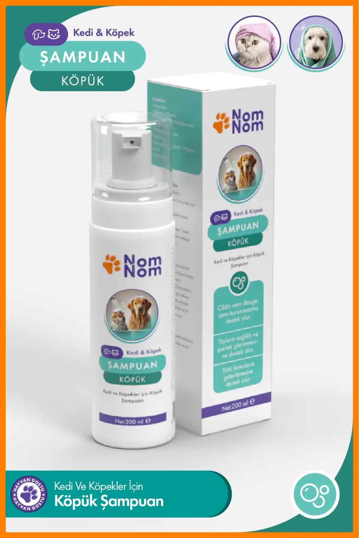 NomNom Kedi ve Köpek Köpük Şampuanı 200 ml – Durulama Gerekmez, Hassas Ciltlere Uygun