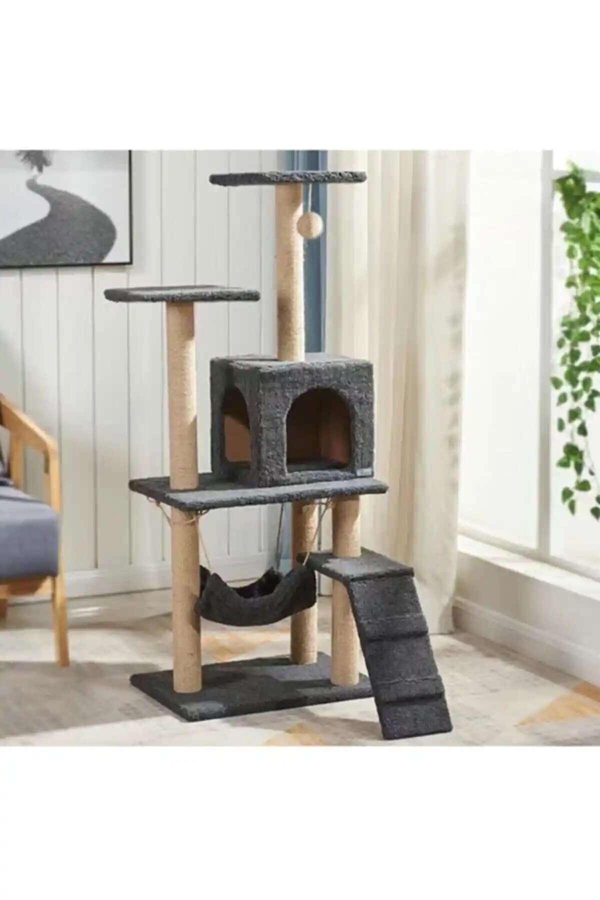 Nursoft Antrasit B-07 Hamaklı Yuvalı Lüx Kedi Evi – Türkiye Menşei ve Welsoft Kumaş