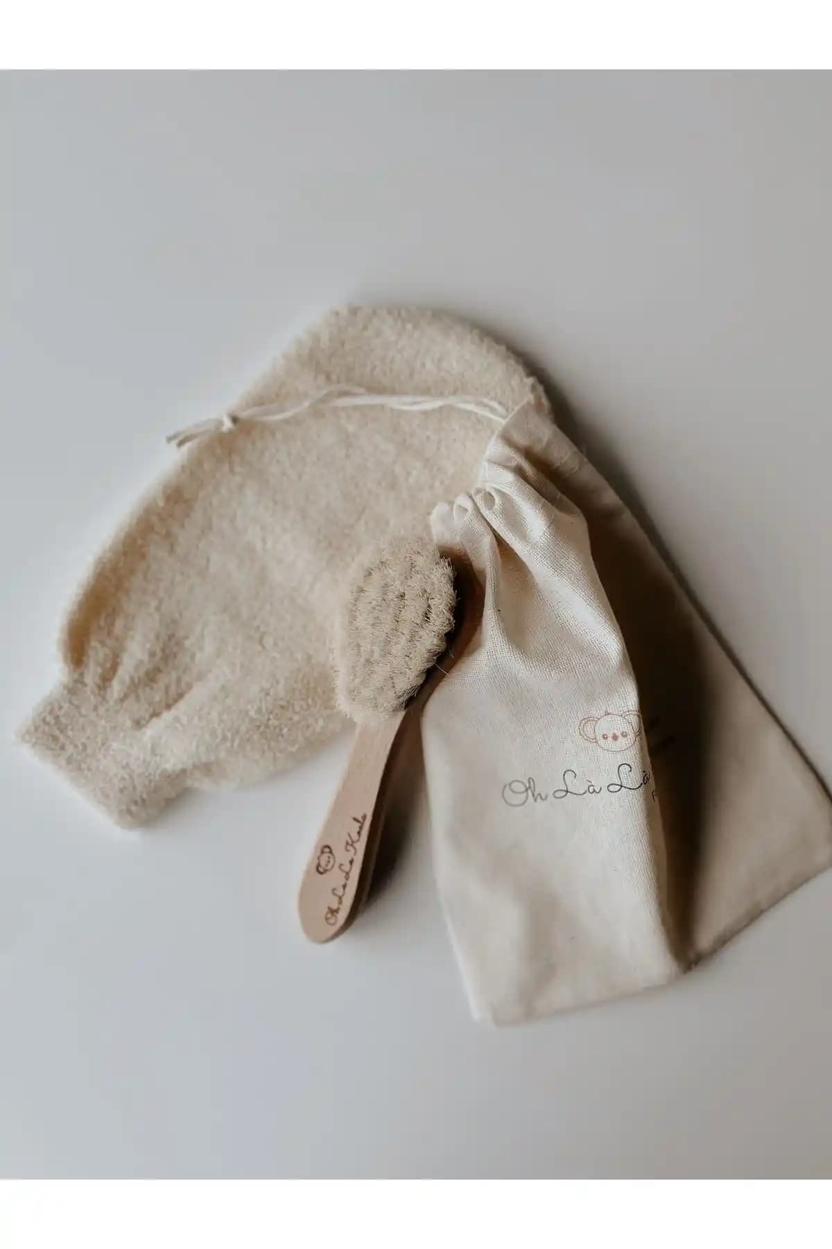 OhlalaKoala Doğal Keçi Kılı Fırçası ve Pamuk Bebek Banyosu Kesesi: 2’li Set Kaliteli