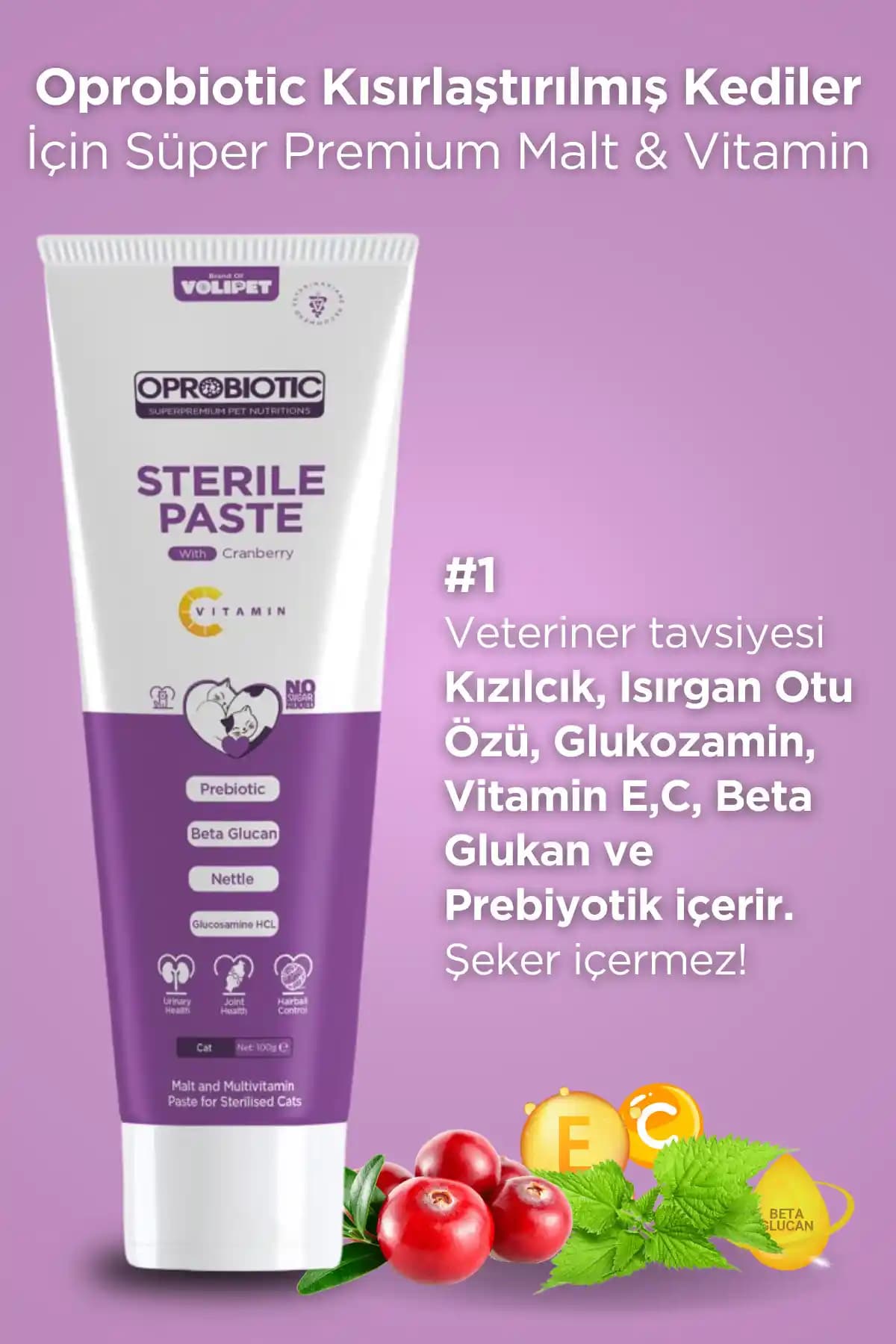 Oprobiotic Sterilised: Kısırlaştırılmış Kediler İçin Malt ve Vitamin Macun Sindirime Destek