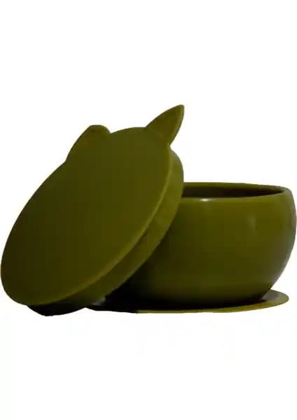 Pandish Kitten Vakum Tabanlı Silikon Kase – Olive Green, Kapaklı/Kapaksız Esnek Kullanım