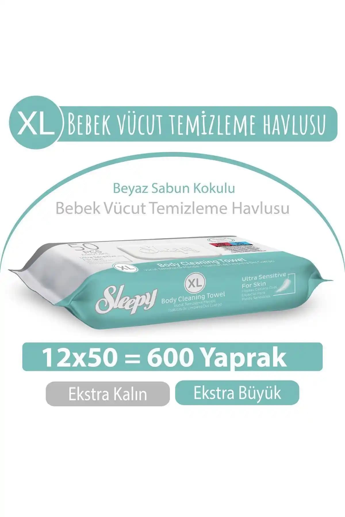 Sleepy XL Beyaz Sabun Kokulu Bebek Vücut Temizleme Havlusu 12'li Paket, 600 Yaprak