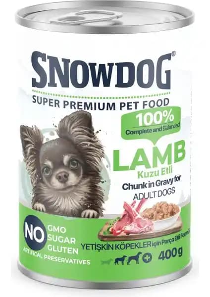 Snow Dog Premium Parça Etli Kuzulu Köpek Konservesi – Yüksek Proteinli Dengeli Paket 12x400 g