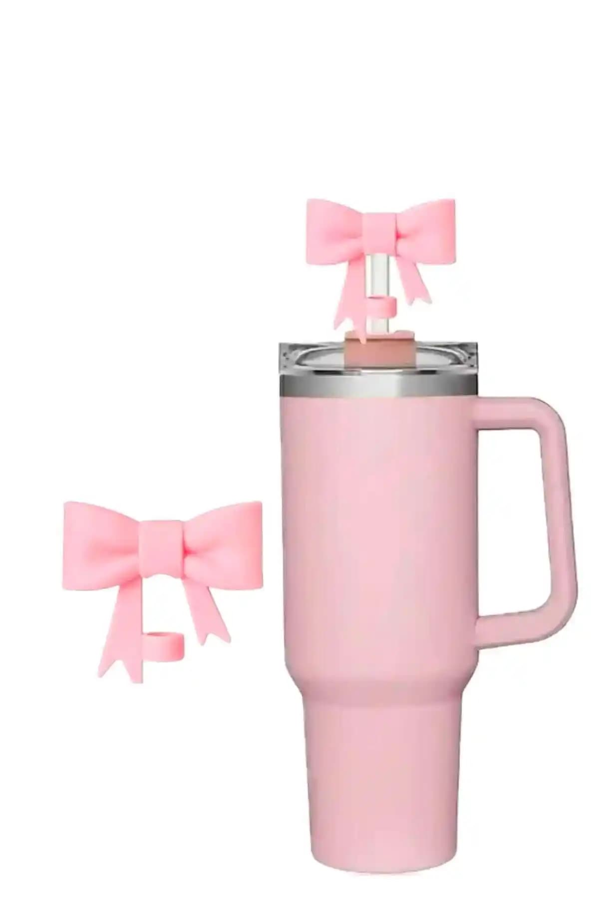 Stanley Termosları İçin Pembe Fiyonk Kurdele Desenli Pipet Kapak Uyumlu Aksesuarı