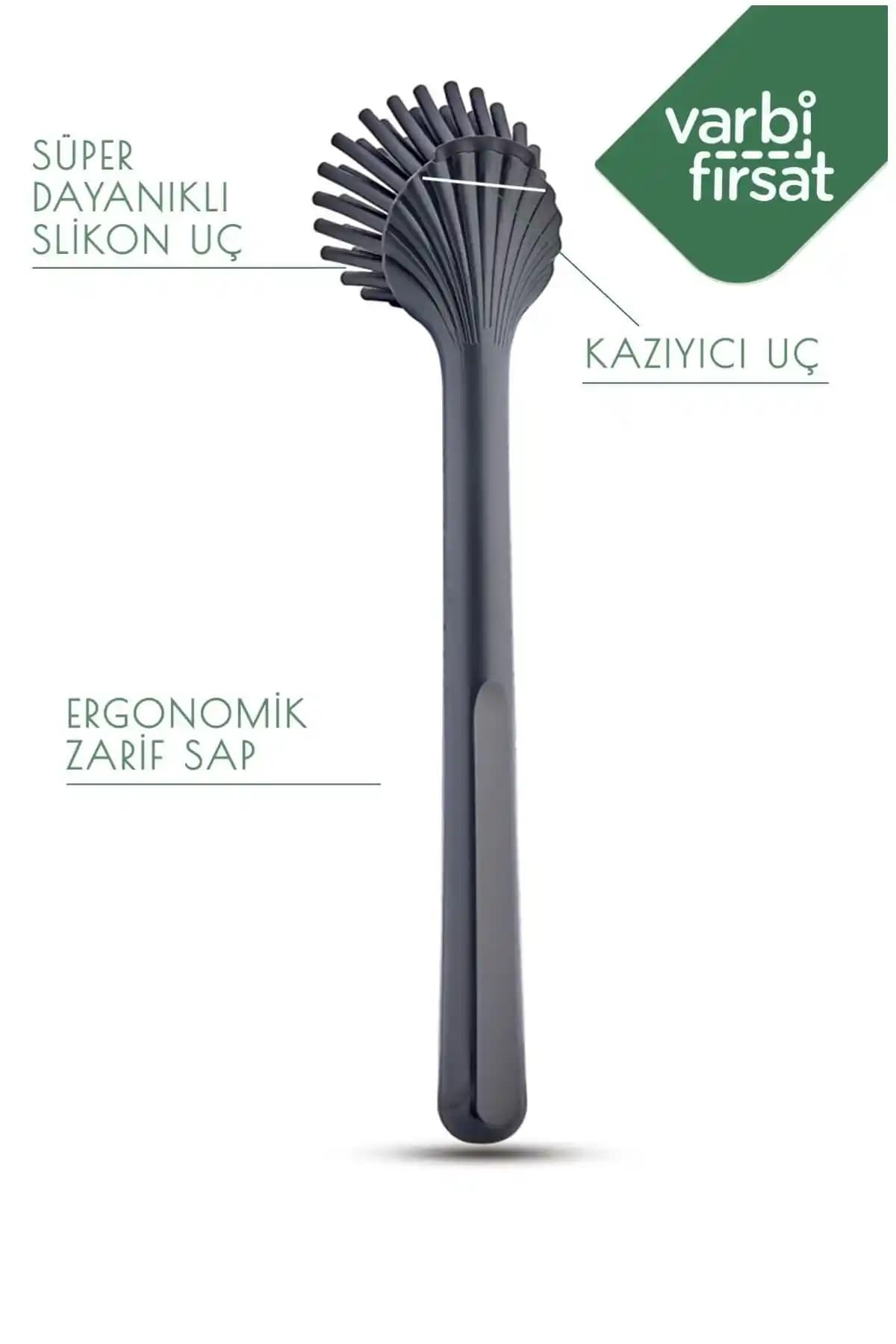 Varbifırsat Silikon Uçlu Bulaşık Fırçası Antrasit Renkli Dayanıklı Mutfak Temizlik Aracı