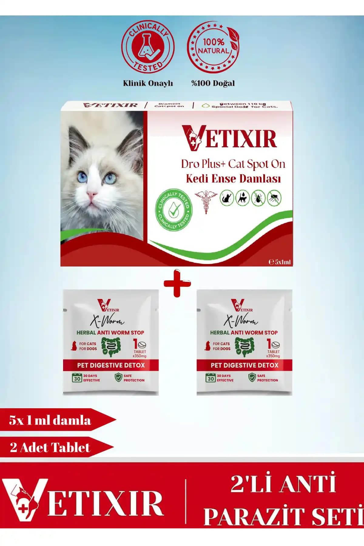 VETIXIR 2'li Set: Kedilere yönelik Bitkisel İç-Dış Parazit Koruması Damlalı ve Tablet Seti