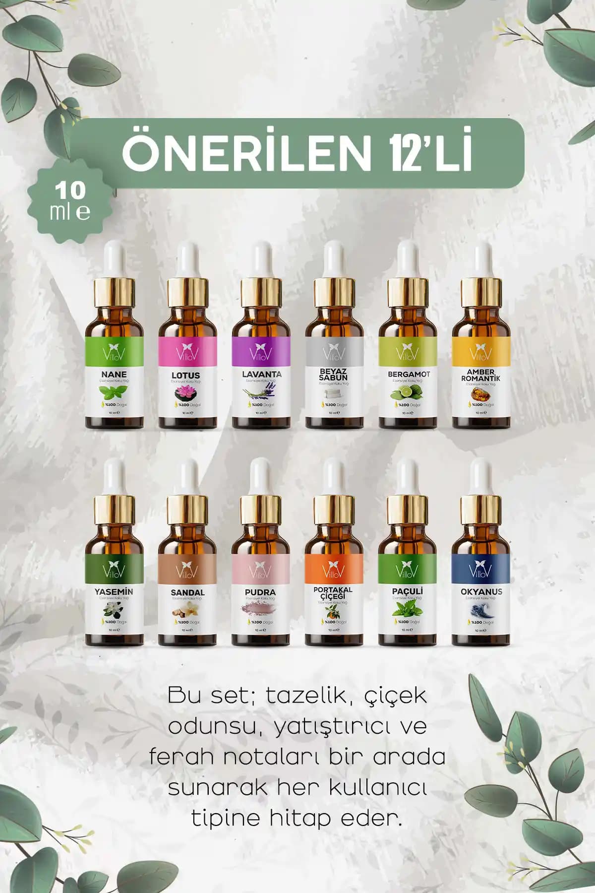 Villov Favori 12'li Uçucu Yağ Seti – Doğal Soğuk Sıkım, Türkiye Menşei, Difüzör İçin