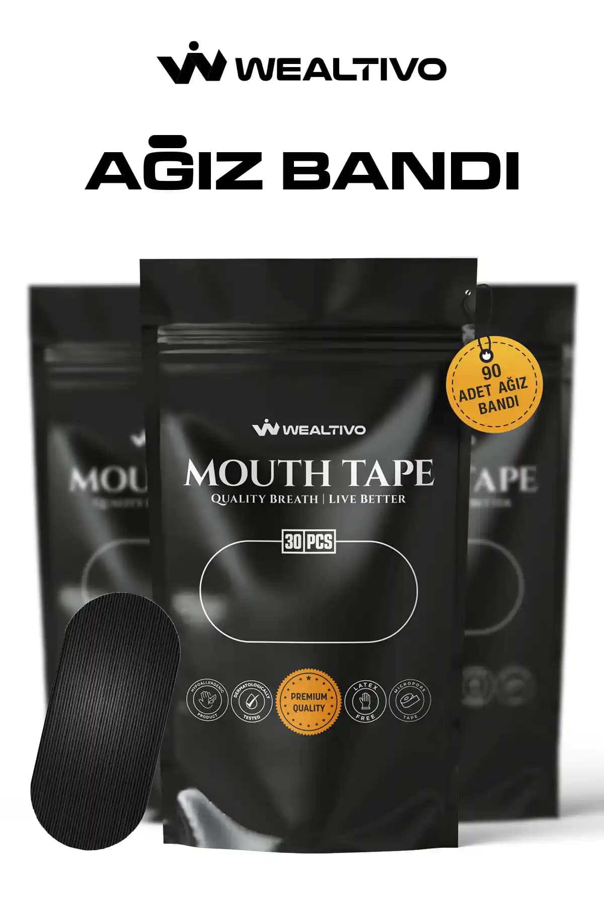Wealtivo Ağız Bandı 3 Paket (90 Adet) – Pamuklu, Esnek, Horlama Azaltıcı Uyku Ağız Kapama