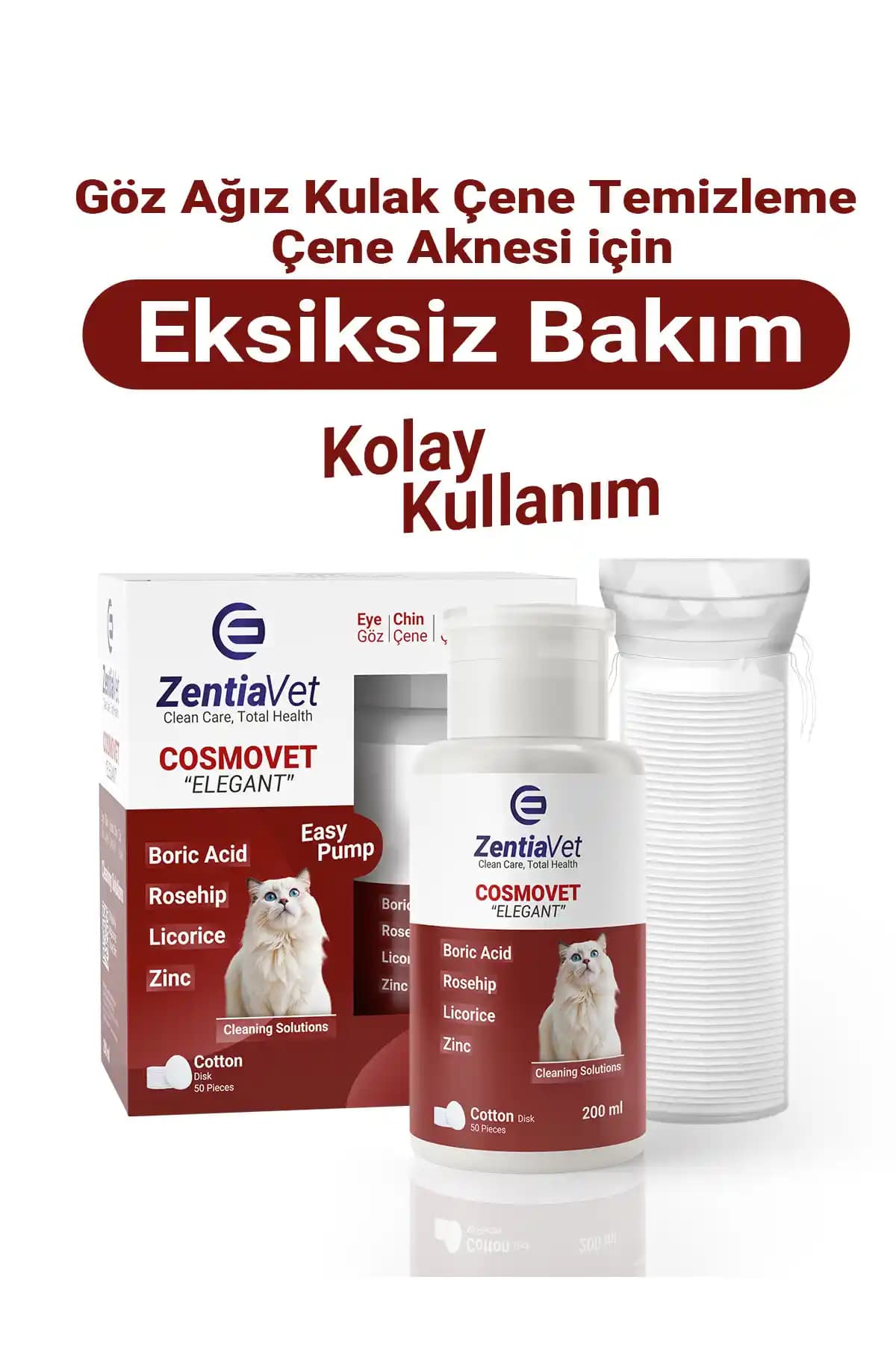 Zentiavet Kedi Göz Temizleme Solüsyonu: Gözyaşı Lekesi ve Çene Bakımı, 200 ml