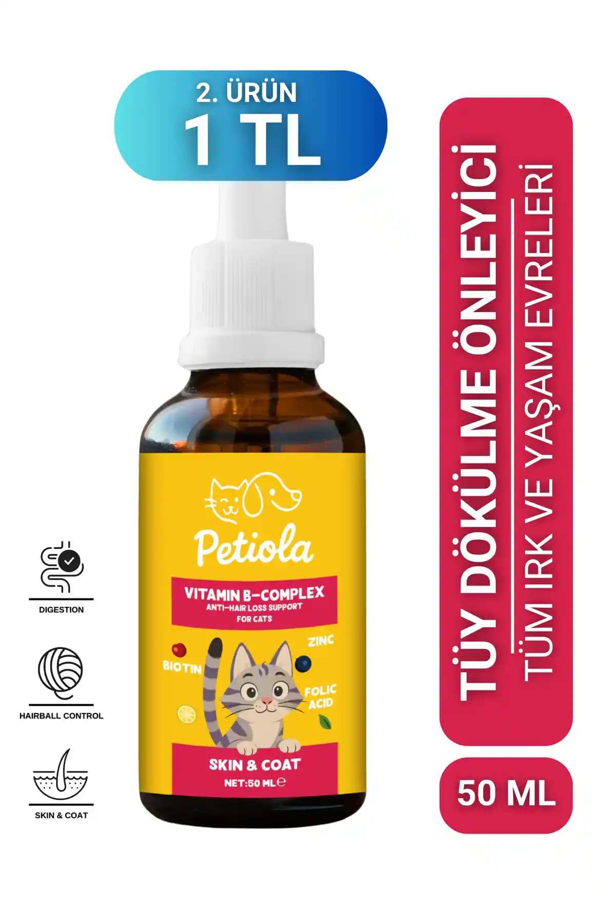 Kediler İçin Biotin'li B Complex Damla Tüy Sağlığını Güçlendiren ve Dökülmeyi Azaltan Ürün