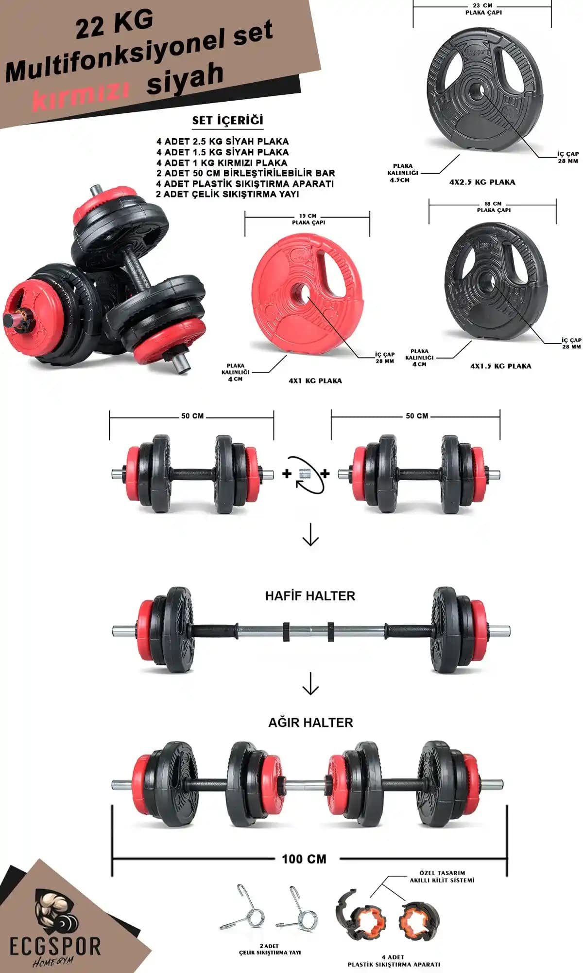 ECG Spor Yılz Serisi 22 kg Halter Dambıl Seti Evde ve Spor Salonunda Kullanım İçin Uygun